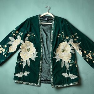 Anna Cai Emerald Green Velvet Embroidered Floral Kimono Jacket Open Cardigan